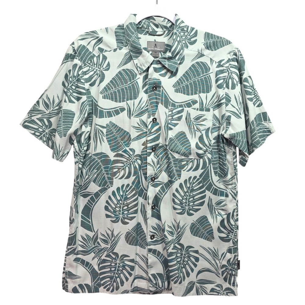 Royal Robbins Hawaiian Button Camp Shirt Mens M Tropical Monstera Leaf Green
